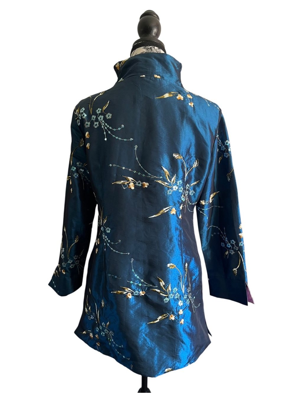 Vintage Chinese Silk Embroidered Mandarin Jacket Blue Floral Chinoiserie Qipao - Picture 4 of 7
